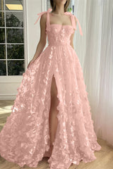 Fuchsia A Line Tulle Prom Dress Appliques spaghetti Straps Formal Dress