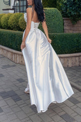 Ivory Satin Wedding Dress Spaghetti Straps A Line Bridal Dress