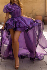 Purple One Shoulder Prom Dress Ball Gown High Low Evening Dress