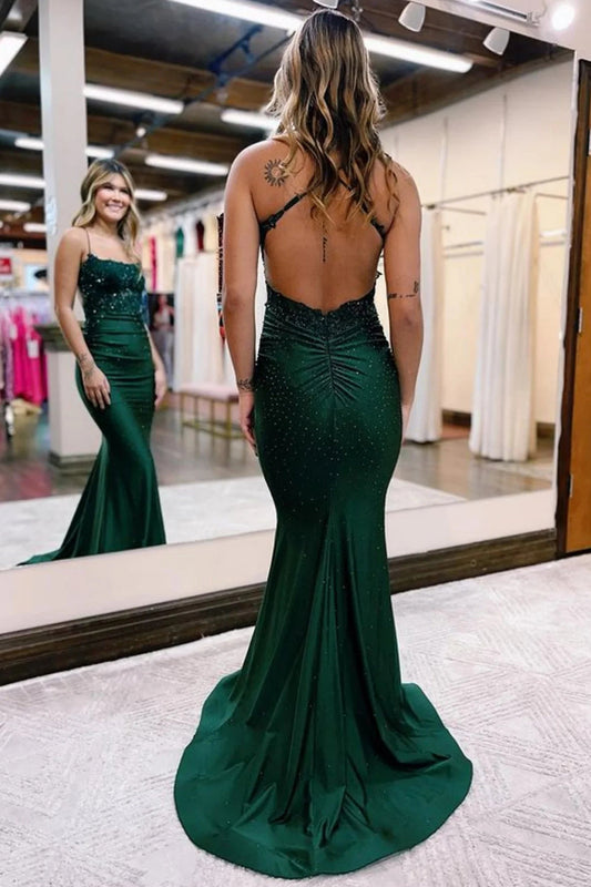 Dark Green Mermaid Prom Dress Beaded Appliques Evening Dress