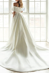 Ivory A Line Wedding Dress Off the Shoulder Bridal Dress with Panel Train