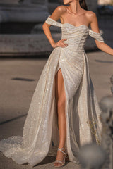 Ivory Mermaid Prom Dress Off the Shoulder Evening Dress with Slit