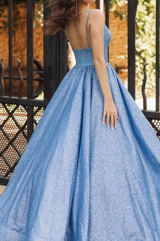 Grey Blue Ball Gown Prom Dress Spaghetti Straps Evening Dress