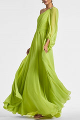 Green One Shoulder Evening Dress Chiffon Formal Dress