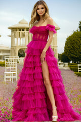 Fuchsia Prom Dress Off the Shoulder Tiered Tulle Evening Dress with Slit