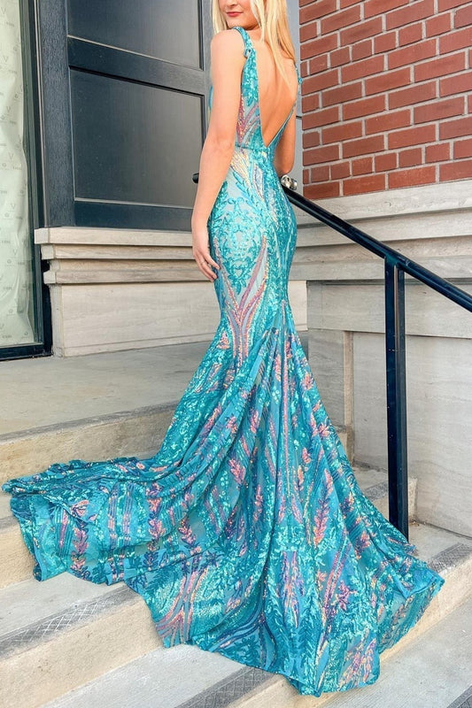 Turquise Prom Dress Sequin Mermaid V Neck Backless Evening Dress