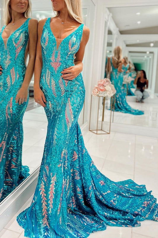 Turquise Prom Dress Sequin Mermaid V Neck Backless Evening Dress