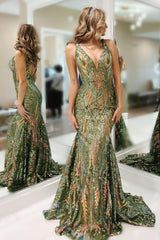 Turquise Prom Dress Sequin Mermaid V Neck Backless Evening Dress