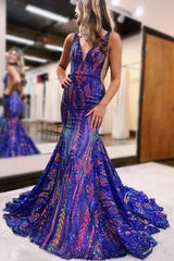 Purple Prom Dress Sequin Mermaid V Neck Backless Evening Dress