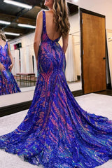 Turquise Prom Dress Sequin Mermaid V Neck Backless Evening Dress