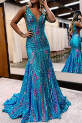 Turquise Prom Dress Sequin Mermaid V Neck Backless Evening Dress