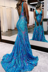 Purple Prom Dress Sequin Mermaid V Neck Backless Evening Dress