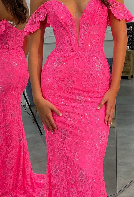 Fuchsia Off the Shoulder Prom Dress Mermaid Lace Sequin Evening Dress