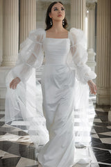 Ivory Square Neck Wedding Dress Long Sleeves Sheath/Column Bridal Dress