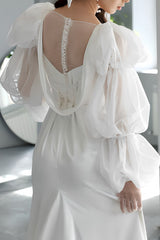 Ivory Square Neck Wedding Dress Long Sleeves Sheath/Column Bridal Dress