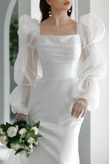 Ivory Square Neck Wedding Dress Long Sleeves Sheath/Column Bridal Dress