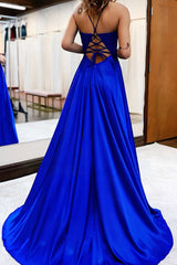 Royal Blue Satin Prom Dress Halter A Line Evening Dress with Appliques