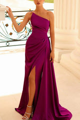 Purple Prom Dress One Shoulder Satin Evening Dress with Panel Train