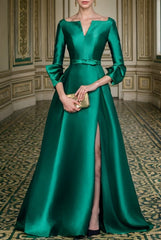 Green 3/4 Sleeves Evening Dress Bateau Neck A Line Formal Dress