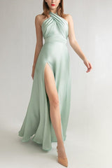 Mist Bridesmaid Dress Halter Stretch Satin Evening Dress with Slit