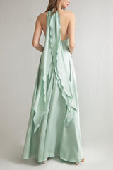 Mist Bridesmaid Dress Halter Stretch Satin Evening Dress with Slit