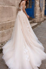 Champagne Wedding Dress Tulle A Line Appliques Bridal Dress with Sweep Train