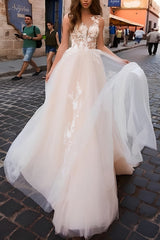 Champagne Wedding Dress Tulle A Line Appliques Bridal Dress with Sweep Train