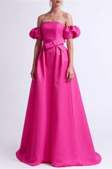 Fuchsia Off the Shoulder Prom Dress Floor Length A Line Evening Dress