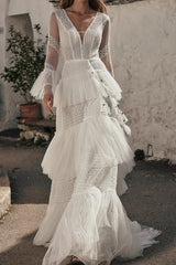 Ivory Wedding Dress Tiered Long Sleeves V Neck Bridal Dress