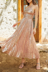 Champagne Halter A Line Cocktail Party Dress Sequin Wedding Guest Dress