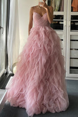 Pink Spaghetti Straps A Line Prom Dress Ruffles Blackless Evening Dress