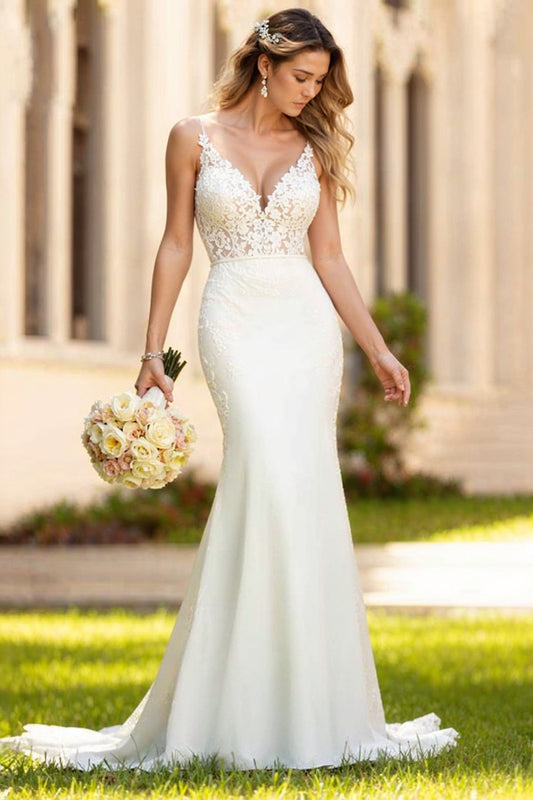 Ivory Mermaid Wedding Dress Spaghetti Straps Lace Appliques Bridal Dress