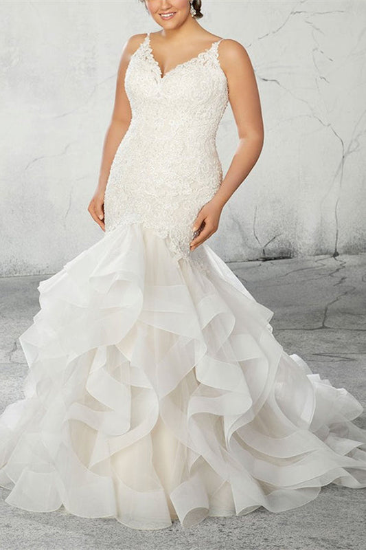 Ivory Mermaid Wedding Dress V Neck Appliques Bridal Dress with Ruffles