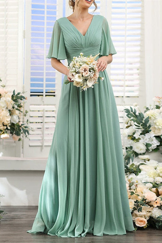 Green Chiffon Bridesmaid Dress V Neck Short Sleeves Wedding Guest Dress