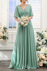 Green Chiffon Bridesmaid Dress V Neck Short Sleeves Wedding Guest Dress