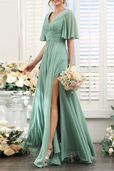 Green Chiffon Bridesmaid Dress V Neck Short Sleeves Wedding Guest Dress