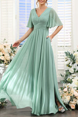 Green Chiffon Bridesmaid Dress V Neck Short Sleeves Wedding Guest Dress