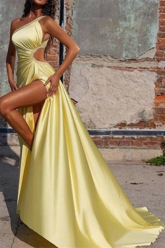 Yellow Sheath/Column Prom Dress One Shoulder Evening Dress