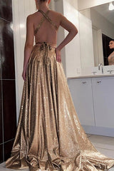 Champagne Formal Evening Dress Halter Floor Length Prom Dress