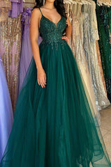 Dark Green Prom Dress A Line Spaghetti Straps FloorLength Formal Evening Dress