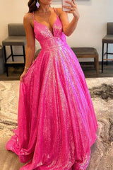 Fuchsia Sparkly Prom Dress A-Line Sleeveless Formal Evening Dress