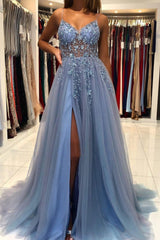 Dark Blue Prom Dress Spaghetti Straps Formal Evening Dress With Appliques