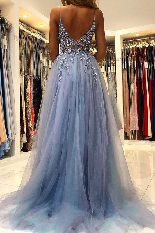 Dark Blue Prom Dress Spaghetti Straps Formal Evening Dress With Appliques