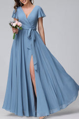 Blue V-Neck Floor Length Wrap Bridesmaid Dress