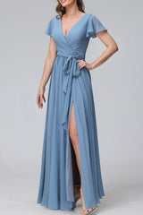 Blue V-Neck Floor Length Wrap Bridesmaid Dress