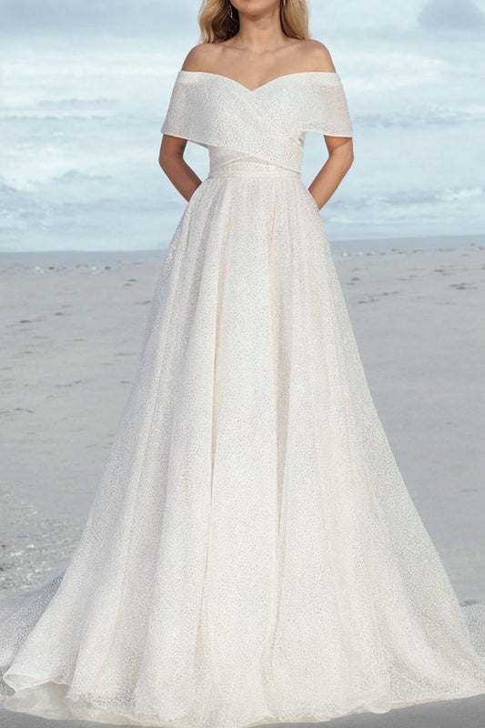 Ivory A-Line Wedding Dress Off the Shoulder Bridal Dress With Sweep Train