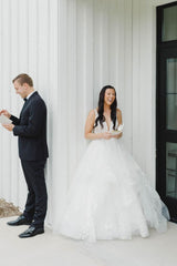 Ivory V Neck Wedding Dress A Line Tulle Appliques Bridal Dress