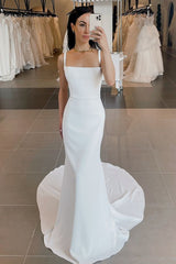 Ivory Straps Wedding Dress Mermaid Satin Bridal Dress with Sweep Train