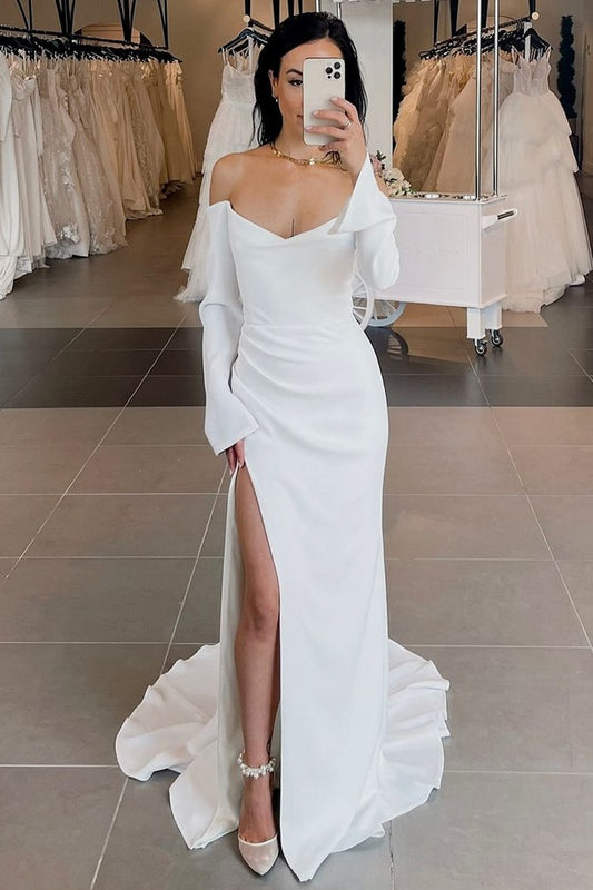 Ivory Off the Shoulder Wedding Dress Sheath/Column Satin Long Sleeves Bridal Dress