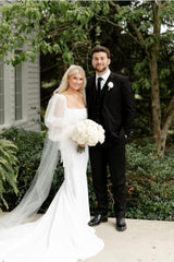 Ivory Mermaid Wedding Dress Square Neck Long Sleeves Bridal Dress